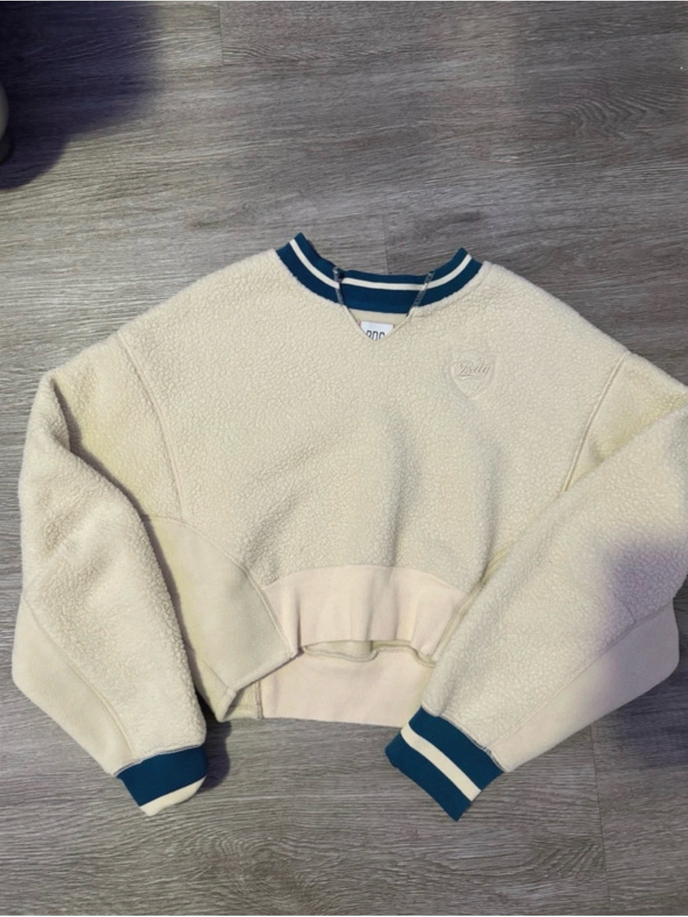 BDG Cream Sherpa Cropped Pullover with Teal Trim
